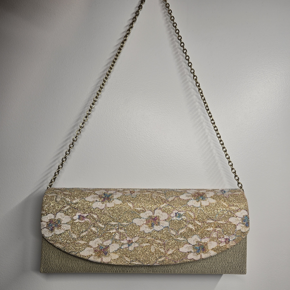 Gold Floral Glitter Evening Clutch with Chain Strap